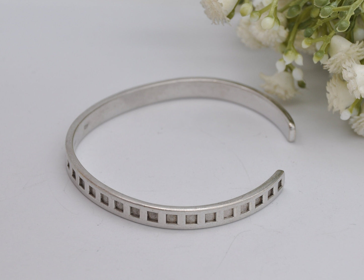 Vintage Sterling Silver Open Cuff Bangle Bracelet - Square Pattern / Elegant / Statement