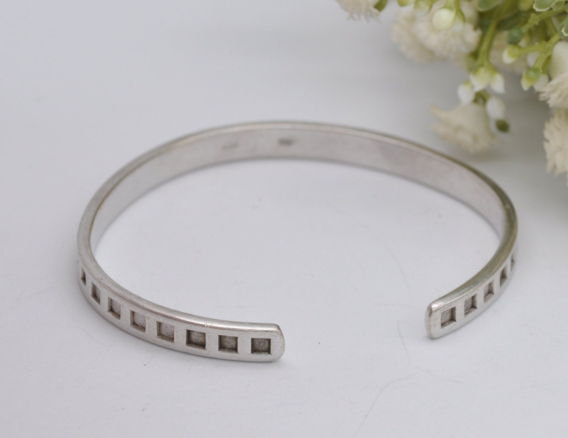 Vintage Sterling Silver Open Cuff Bangle Bracelet - Square Pattern / Elegant / Statement