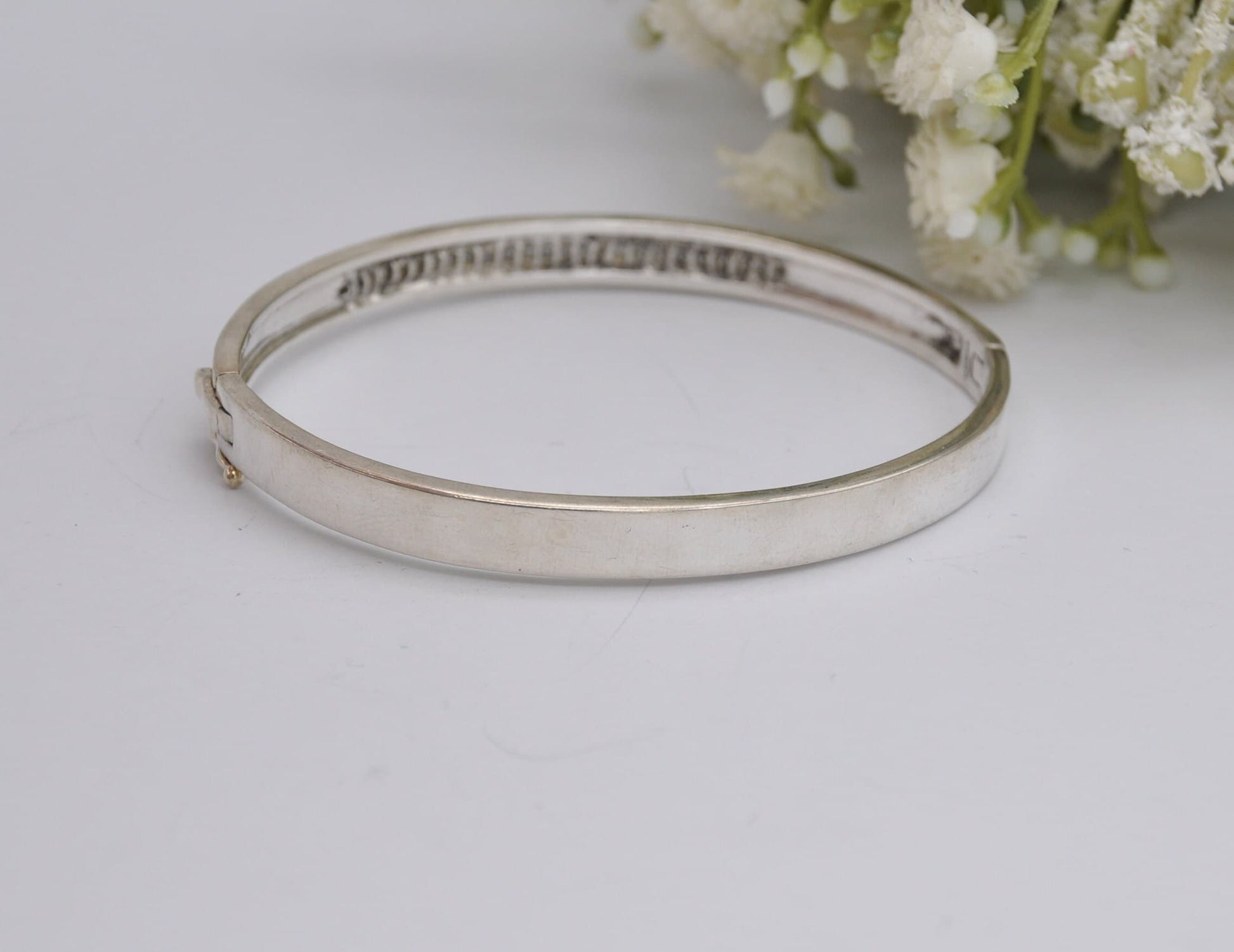 Sterling Silver and White Stone Bangle Bracelet - Elegant | Row | Safety Clip | 925