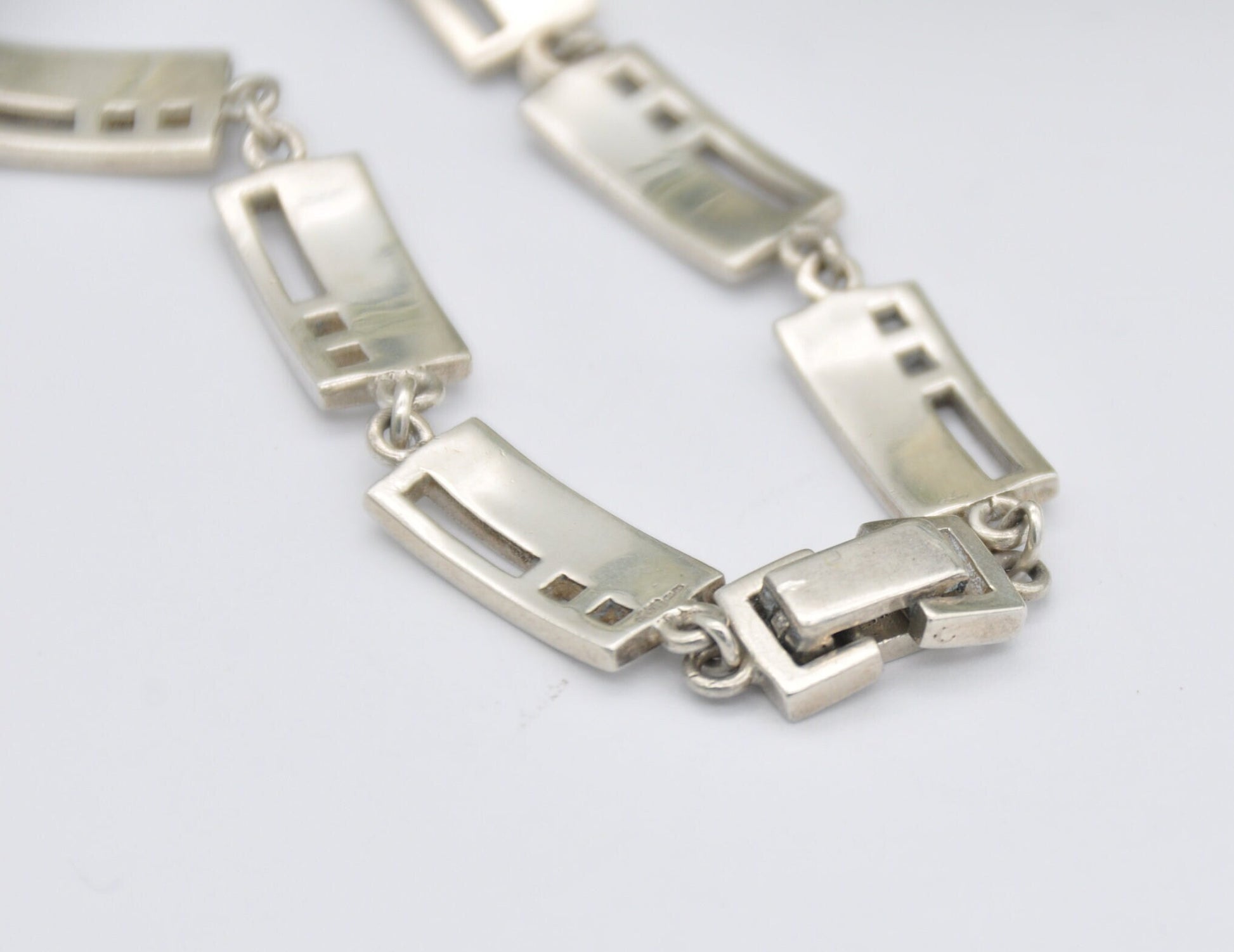 Sterling Silver Openwork Rectangle Panel Bracelet - Chain / Modernist Design / 925