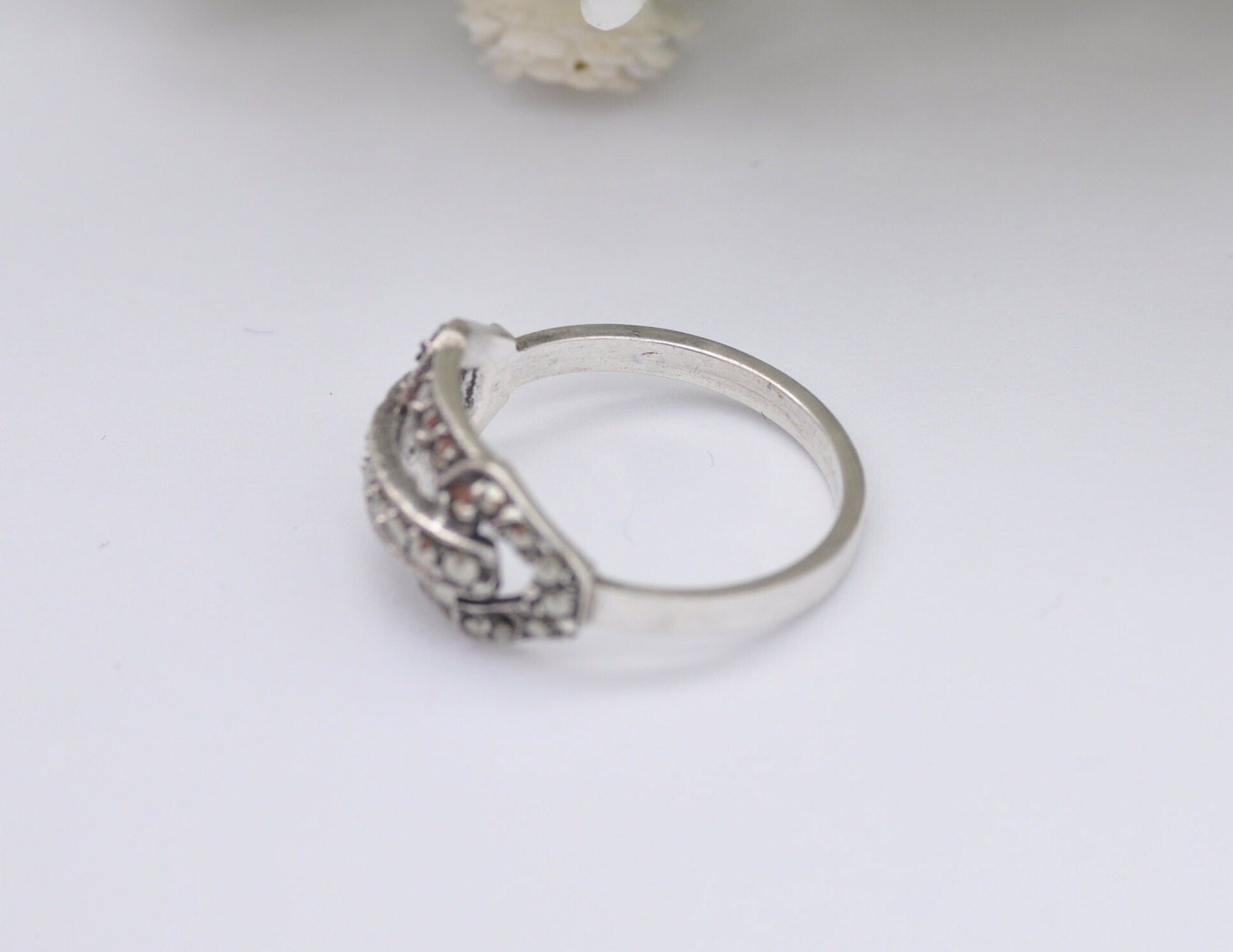 Art Deco Silver & Marcasite Tank Ring - Antique / 1930s / 1920s / 835 Silver / UK Size - L 1/2 / US Size - 6