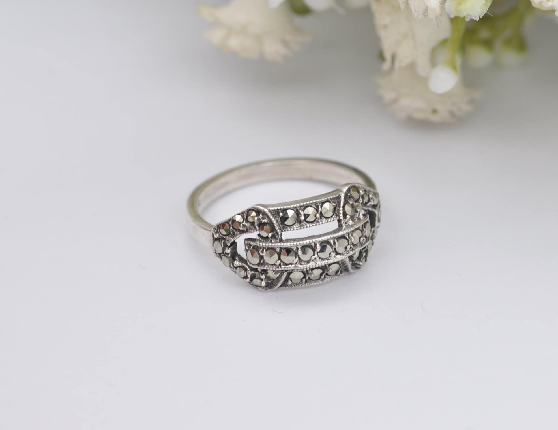 Art Deco Silver & Marcasite Tank Ring - Antique / 1930s / 1920s / 835 Silver / UK Size - L 1/2 / US Size - 6