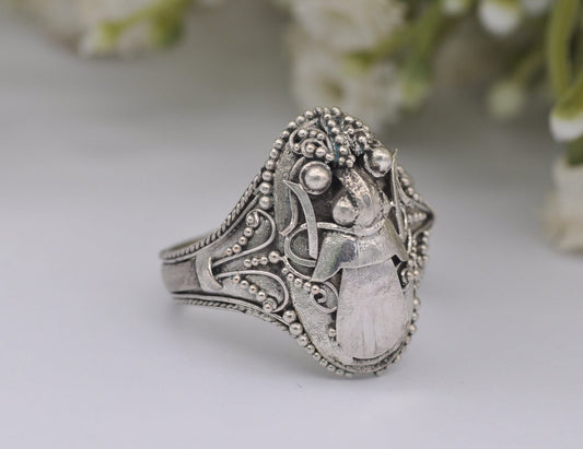 Silver Bali Barong Face Ring Vintage - Abstract Mask / Balinese Silver Jewellery / Filigree Mask Tongue Out / UK Size - N / US Size - 6 3/4