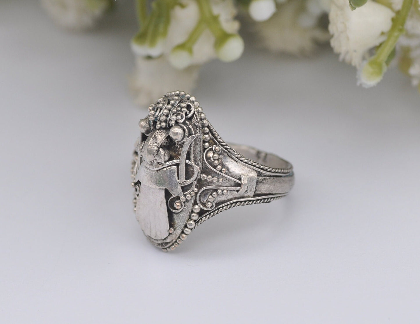 Silver Bali Barong Face Ring Vintage - Abstract Mask / Balinese Silver Jewellery / Filigree Mask Tongue Out / UK Size - N / US Size - 6 3/4