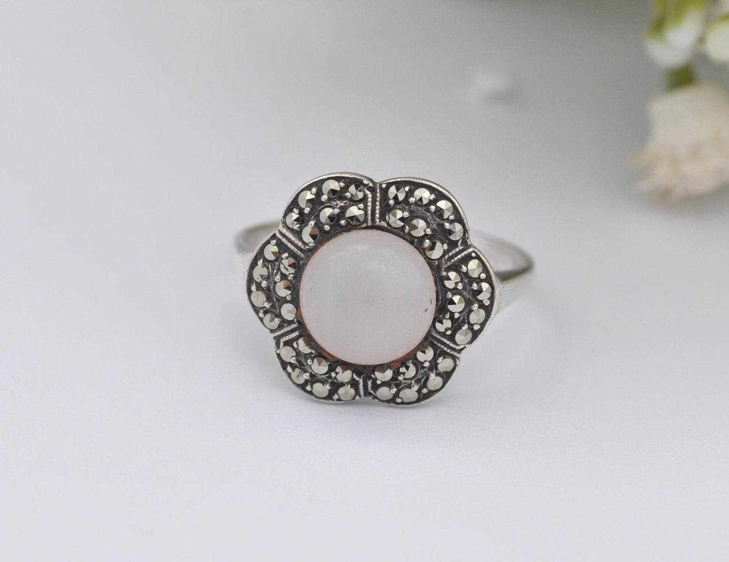 Silver & Marcasite Flower Ring Opal Glass Centre - True Vintage / Art Deco Style / 1940s / 925 Sterling Silver / UK Size - O / US Size - 7