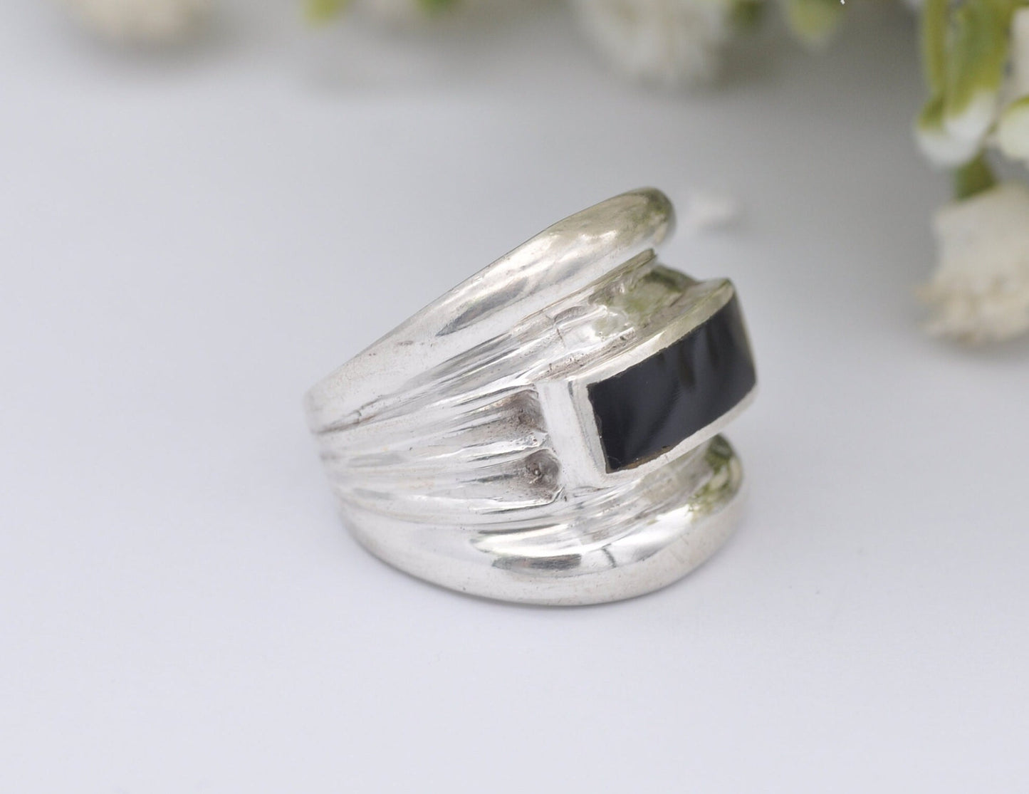 Silver and Onyx Statement Ring - Vintage 925 Sterling Silver / Chunky Cocktail / Rectangle / Unisex Signet / UK Size - L 1/2 / US Size - 6