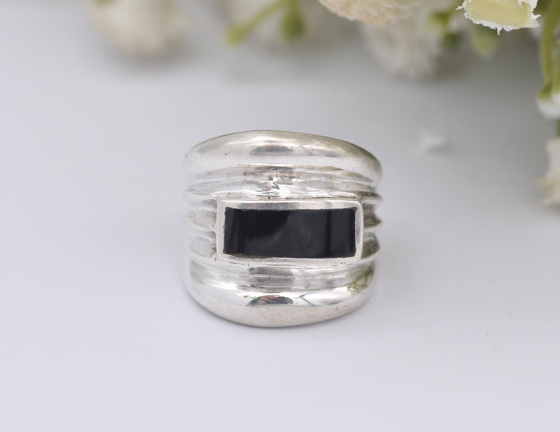 Silver and Onyx Statement Ring - Vintage 925 Sterling Silver / Chunky Cocktail / Rectangle / Unisex Signet / UK Size - L 1/2 / US Size - 6