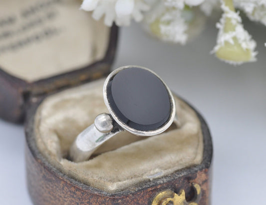 Vintage Sterling Silver and Onyx Statement Ring - Chunky Cocktail / 925 / Black Oval Stone / Unisex / UK Size - N 1/2 / US Size - 7