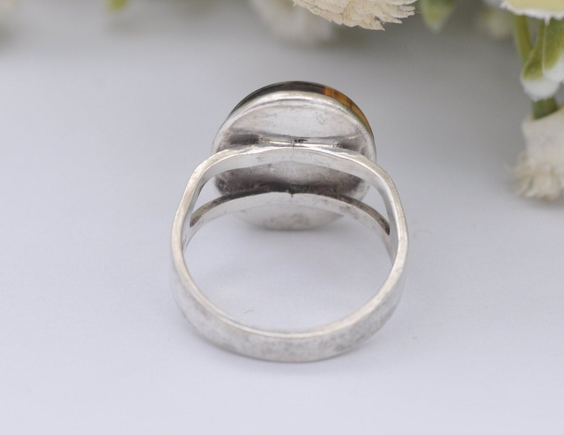 Silver and Tiger's Eye Ring Mid-Century 1971 Vintage - 925 Sterling Silver / Retro / Cabochon Gem Stone / UK Size - N 1/2 / US Size - 7