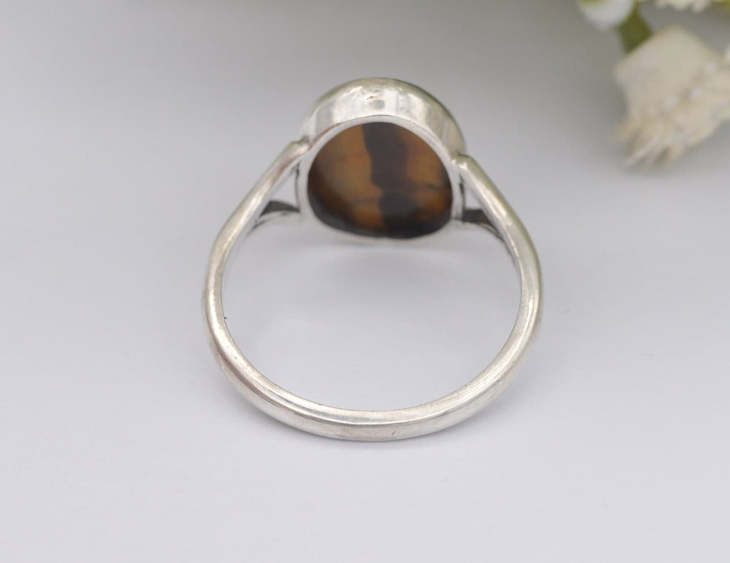 Vintage Sterling Silver Tiger's Eye Ring - Mid-Century Modern / 1960s / Retro Brown Stone / Large Cabochon / UK Size - O / US Size - 7