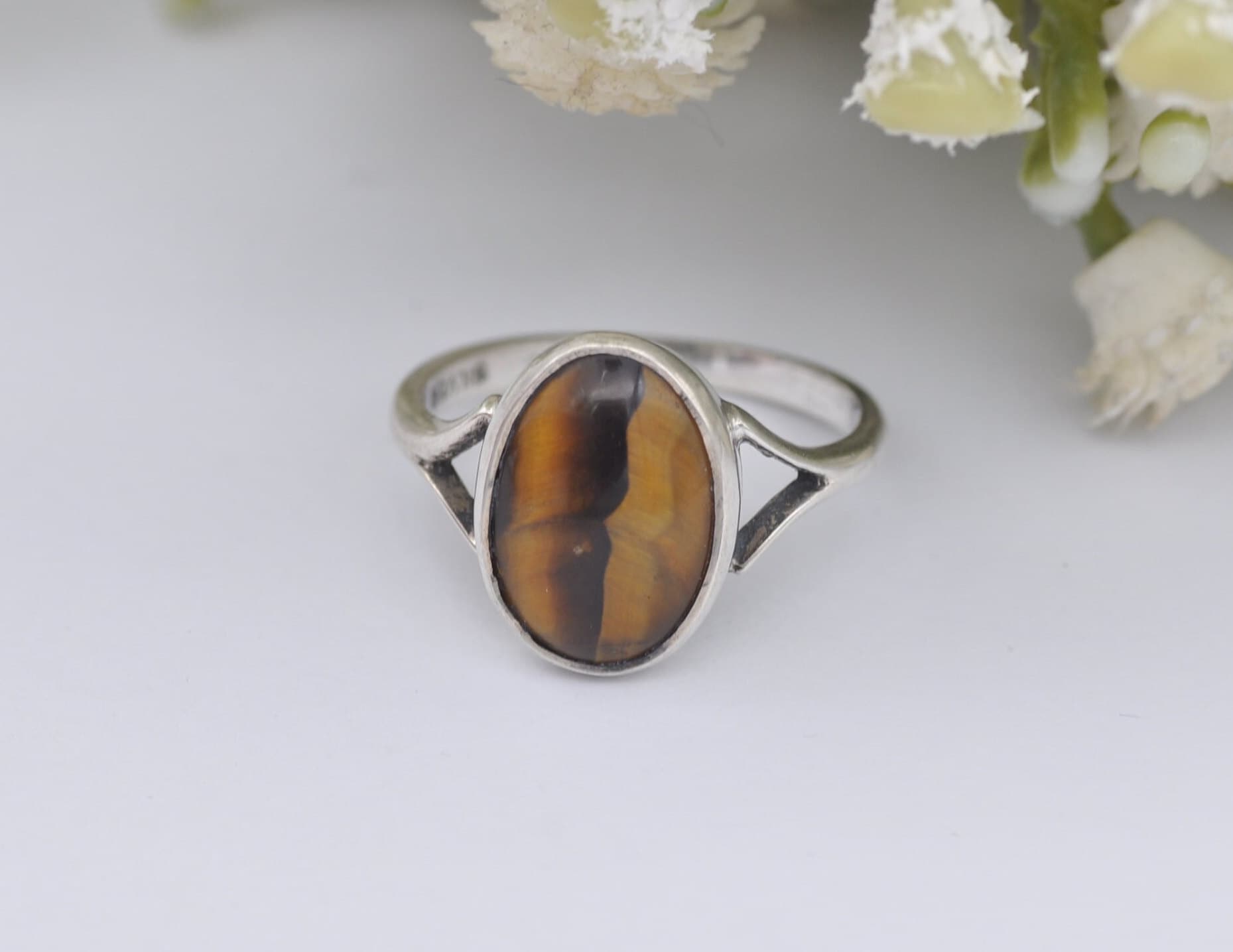 Vintage Sterling Silver Tiger's Eye Ring - Mid-Century Modern / 1960s / Retro Brown Stone / Large Cabochon / UK Size - O / US Size - 7