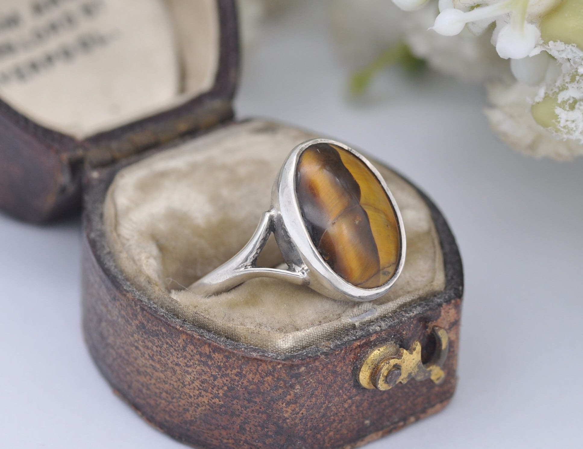 Vintage Sterling Silver Tiger's Eye Ring - Mid-Century Modern / 1960s / Retro Brown Stone / Large Cabochon / UK Size - O / US Size - 7