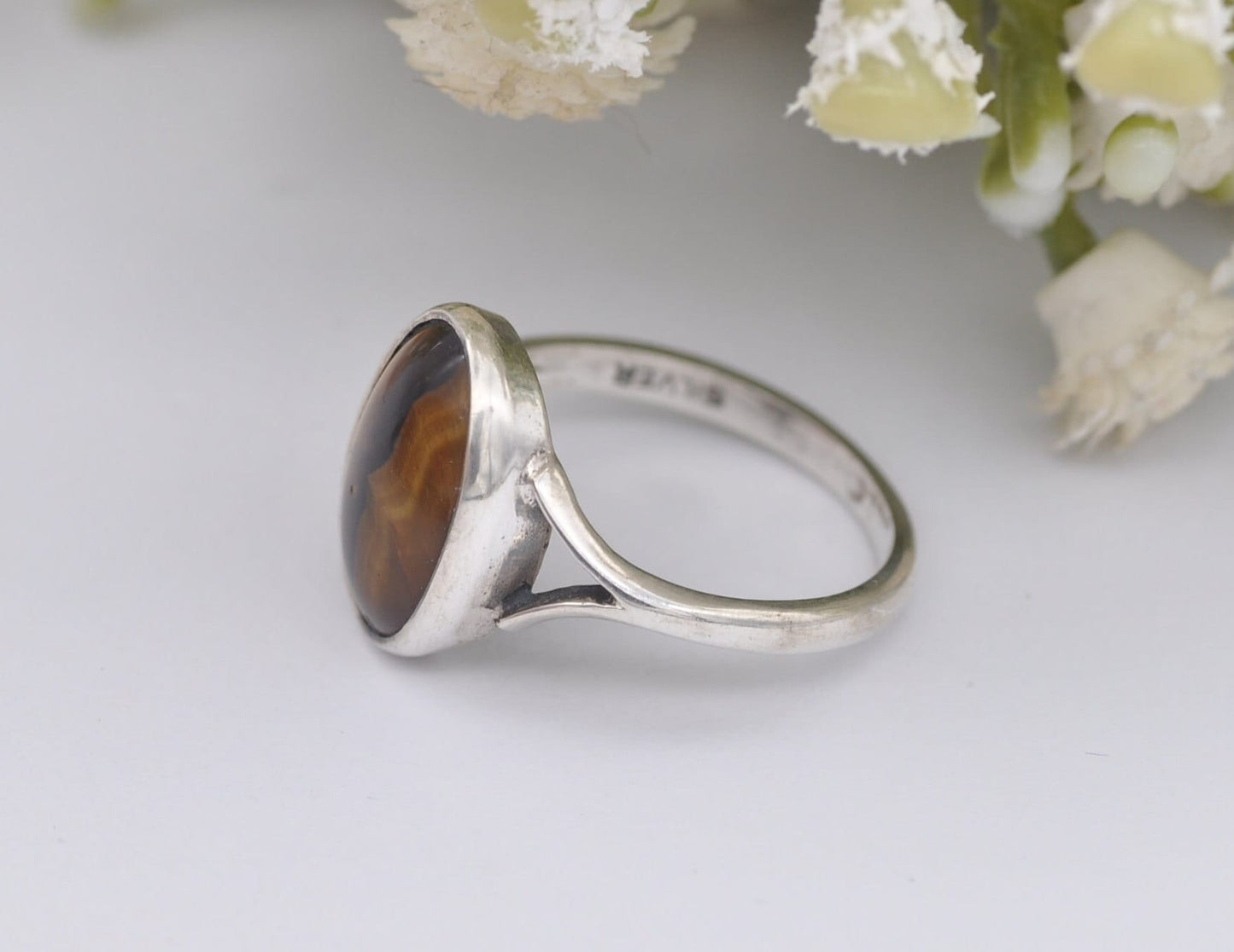 Vintage Sterling Silver Tiger's Eye Ring - Mid-Century Modern / 1960s / Retro Brown Stone / Large Cabochon / UK Size - O / US Size - 7