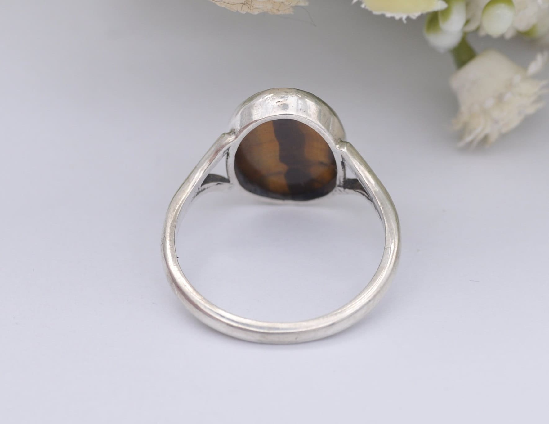 Vintage Sterling Silver Tiger's Eye Ring - Mid-Century Modern / 1960s / Retro Brown Stone / Large Cabochon / UK Size - O / US Size - 7