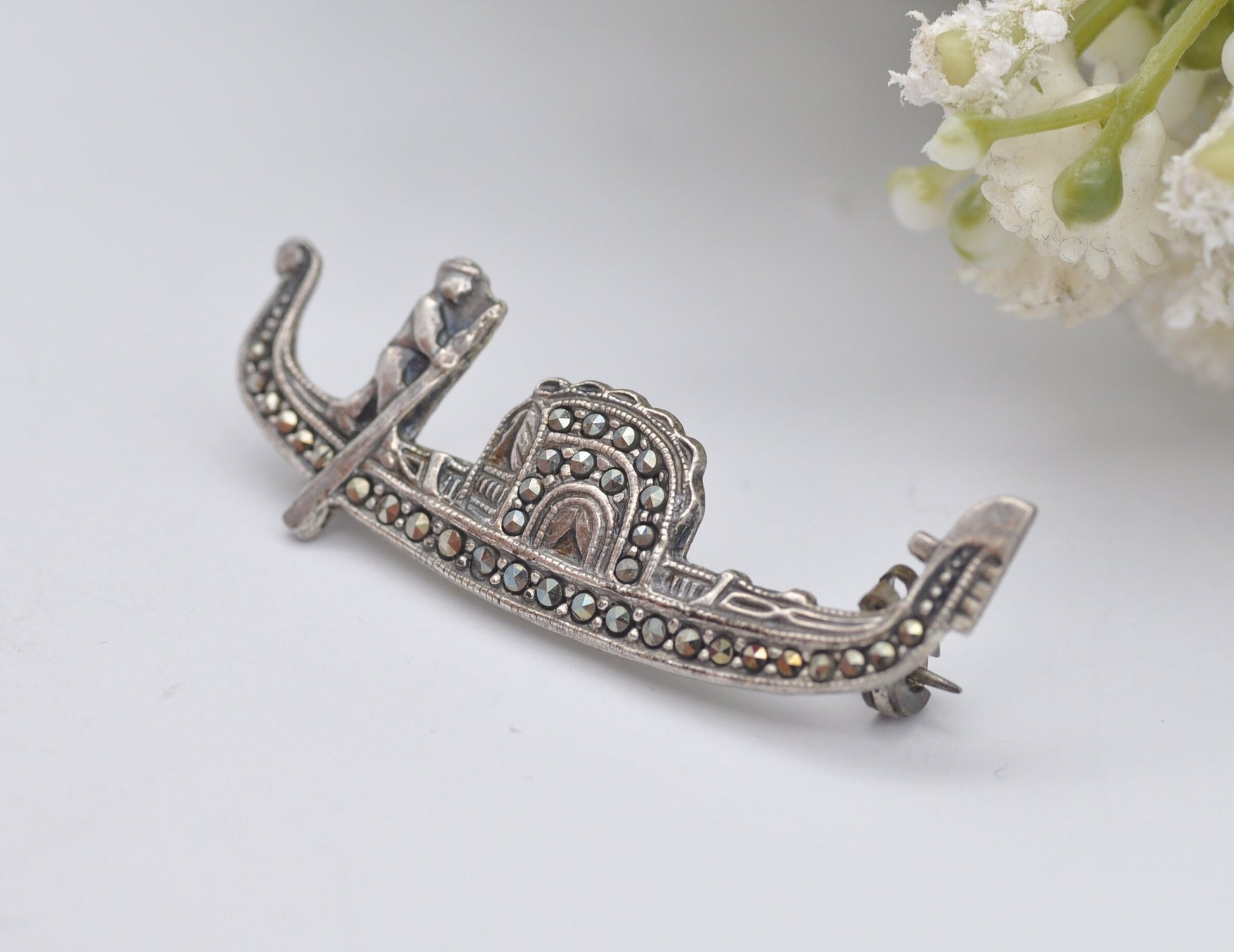 Silver Marcasite Gondola Brooch - Vintage 935 Silver | Art Deco Style | Venice Souvenir | Gondolier | Travel Lover | Bar Brooch | Statement