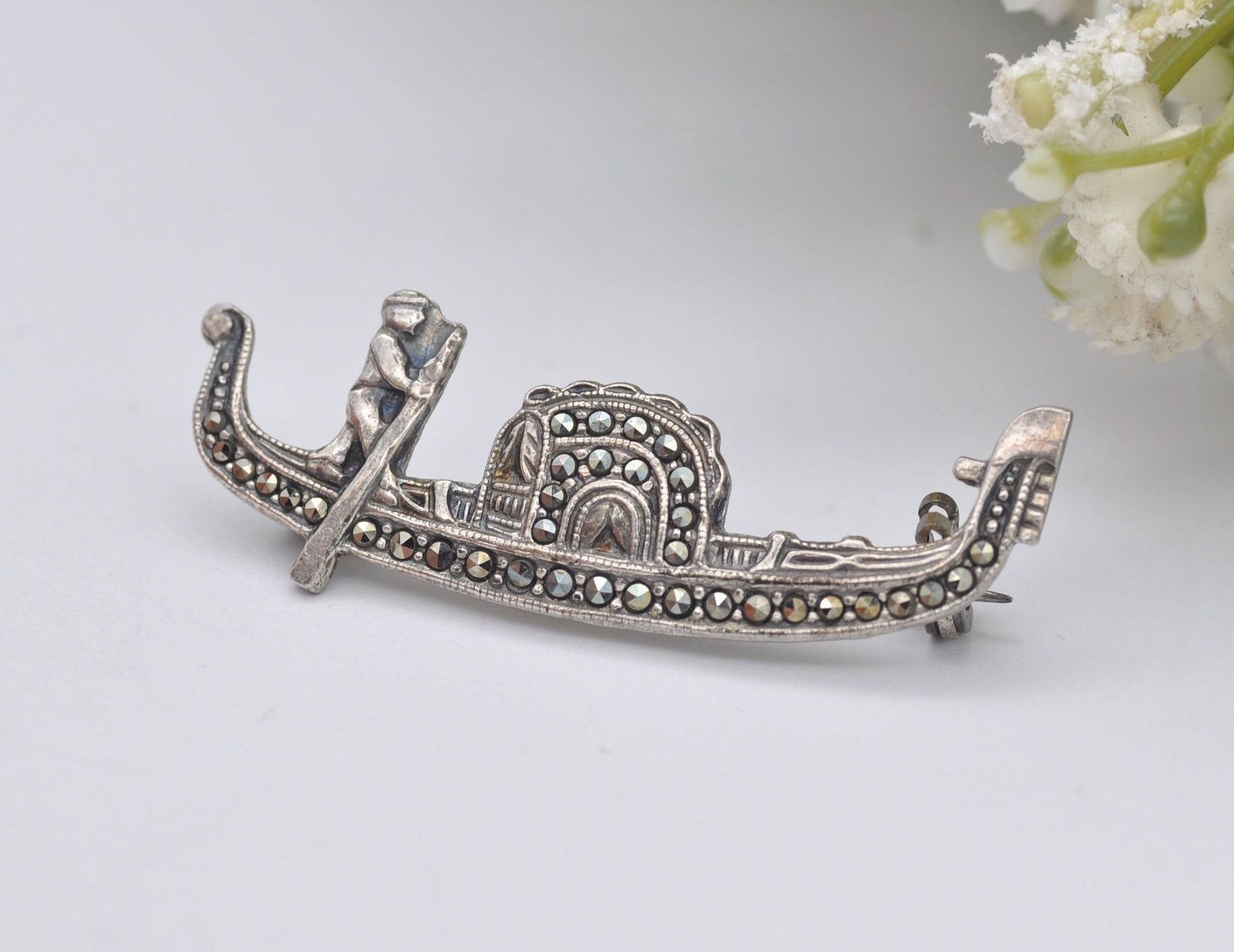 Silver Marcasite Gondola Brooch - Vintage 935 Silver | Art Deco Style | Venice Souvenir | Gondolier | Travel Lover | Bar Brooch | Statement