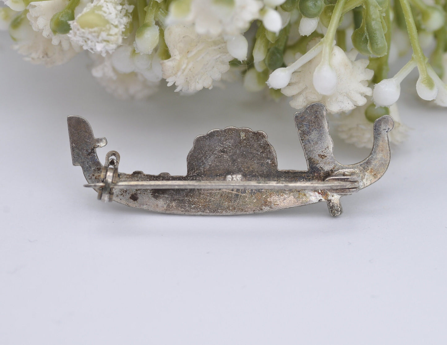 Silver Marcasite Gondola Brooch - Vintage 935 Silver | Art Deco Style | Venice Souvenir | Gondolier | Travel Lover | Bar Brooch | Statement