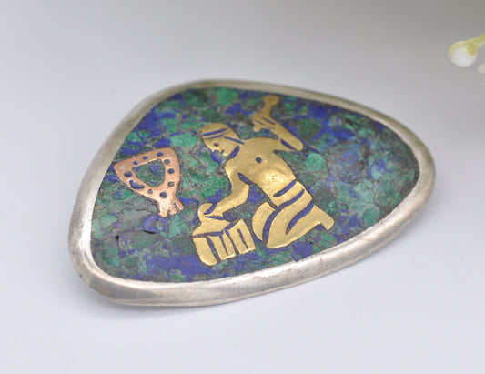 Vintage Mexico Taxco Brooch CM - 925 Sterling Silver | Brass & Copper Blacksmith | Turquoise and Lapis Lazuli | Metal Maker | Pendant Bale