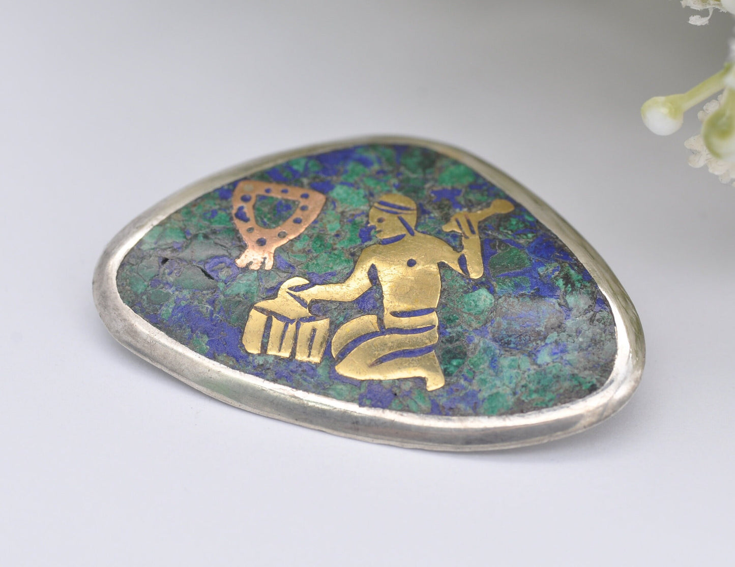 Vintage Mexico Taxco Brooch CM - 925 Sterling Silver | Brass & Copper Blacksmith | Turquoise and Lapis Lazuli | Metal Maker | Pendant Bale