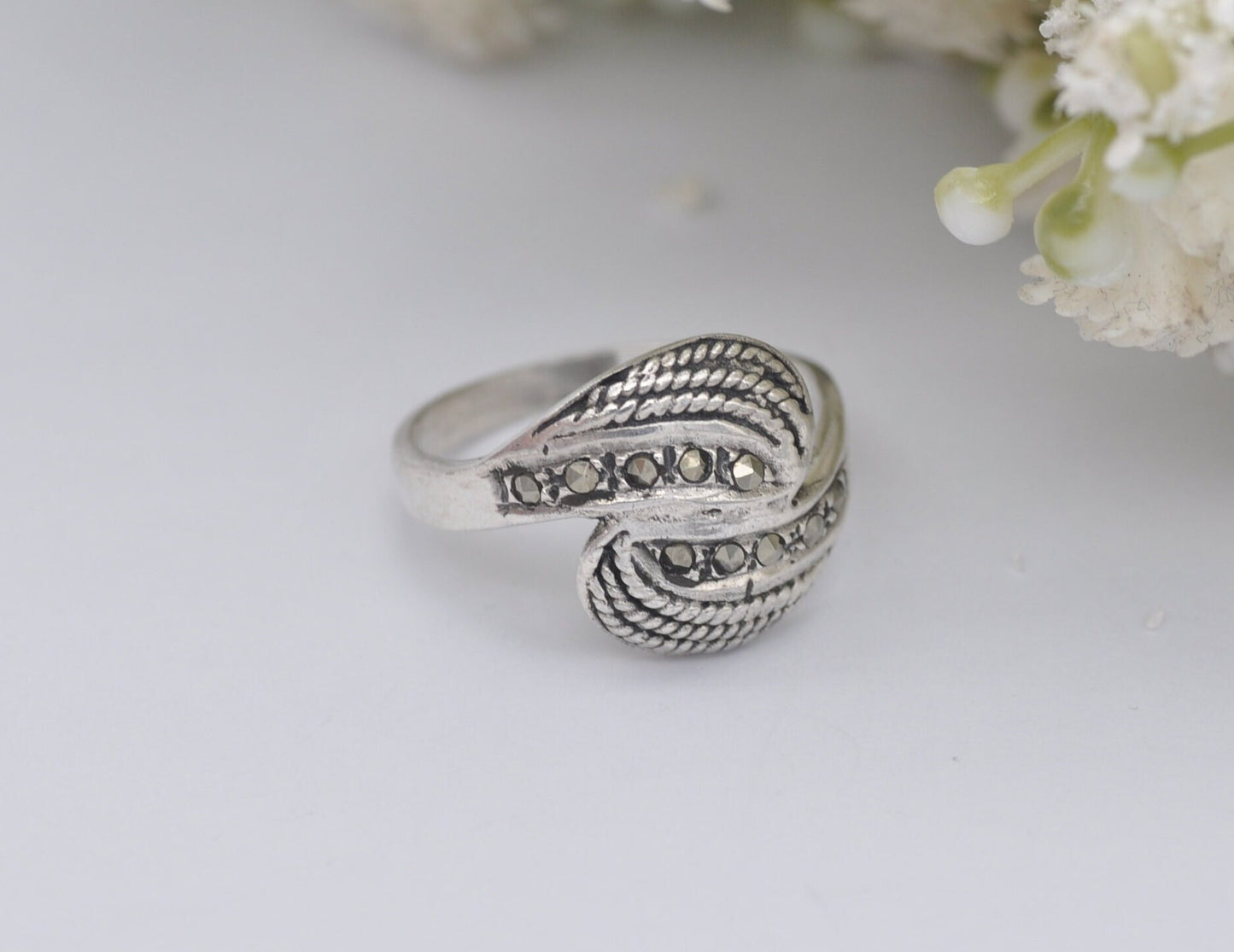 Silver Marcasite Wave Ring - Vintage Art Deco Style | Statement Cocktail | Delicate Twist | 925 Sterling Silver | UK Size K | US Size 5 1/4