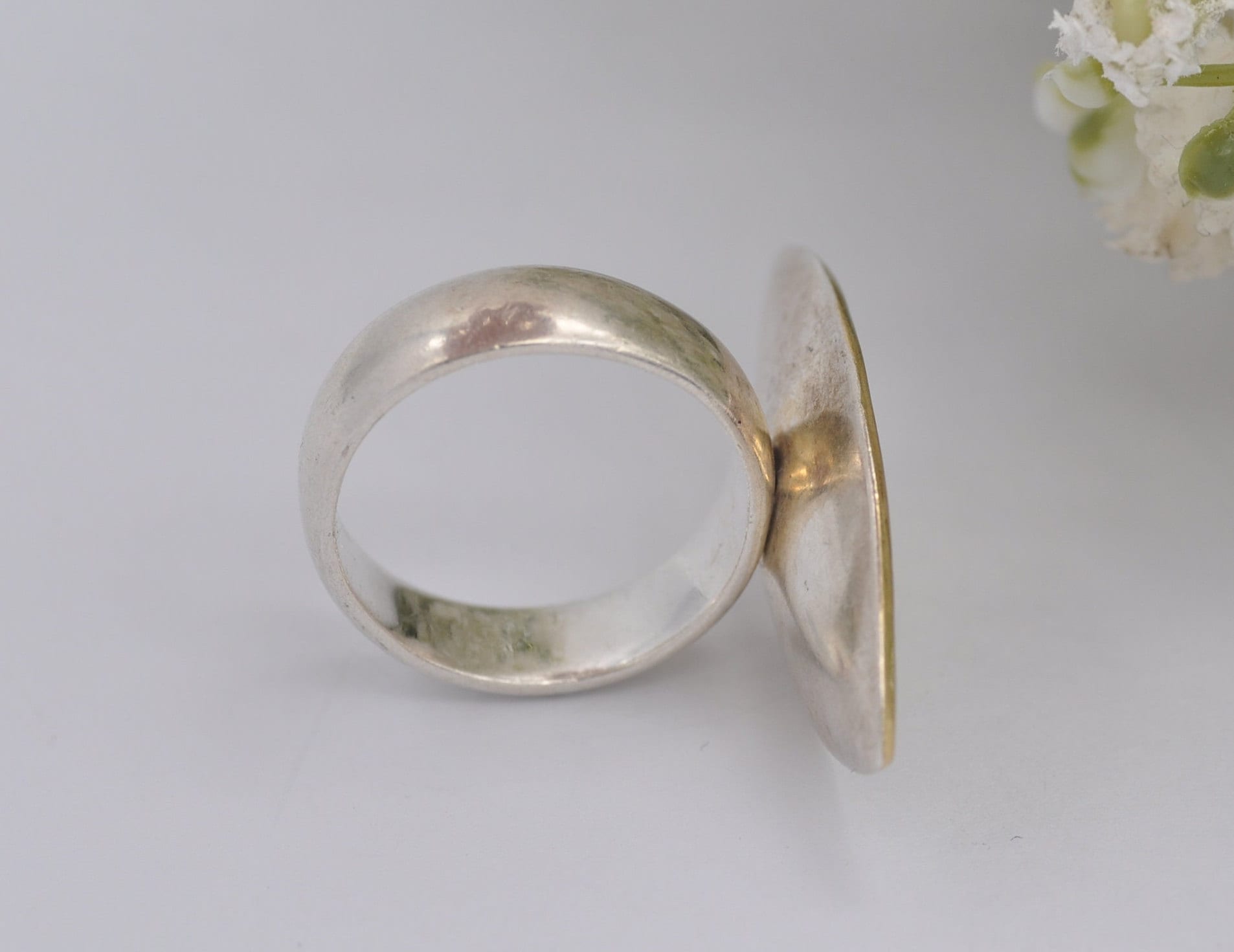 Silver Studio Designer Ring - Gold Plated Leaf | Textured Pointed Oval | Modern | Statement Minimalist | UK Size - M 1/2 | US Size - 6 1/2