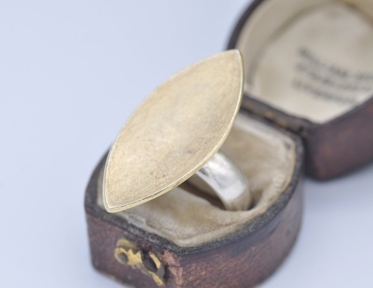 Silver Studio Designer Ring - Gold Plated Leaf | Textured Pointed Oval | Modern | Statement Minimalist | UK Size - M 1/2 | US Size - 6 1/2