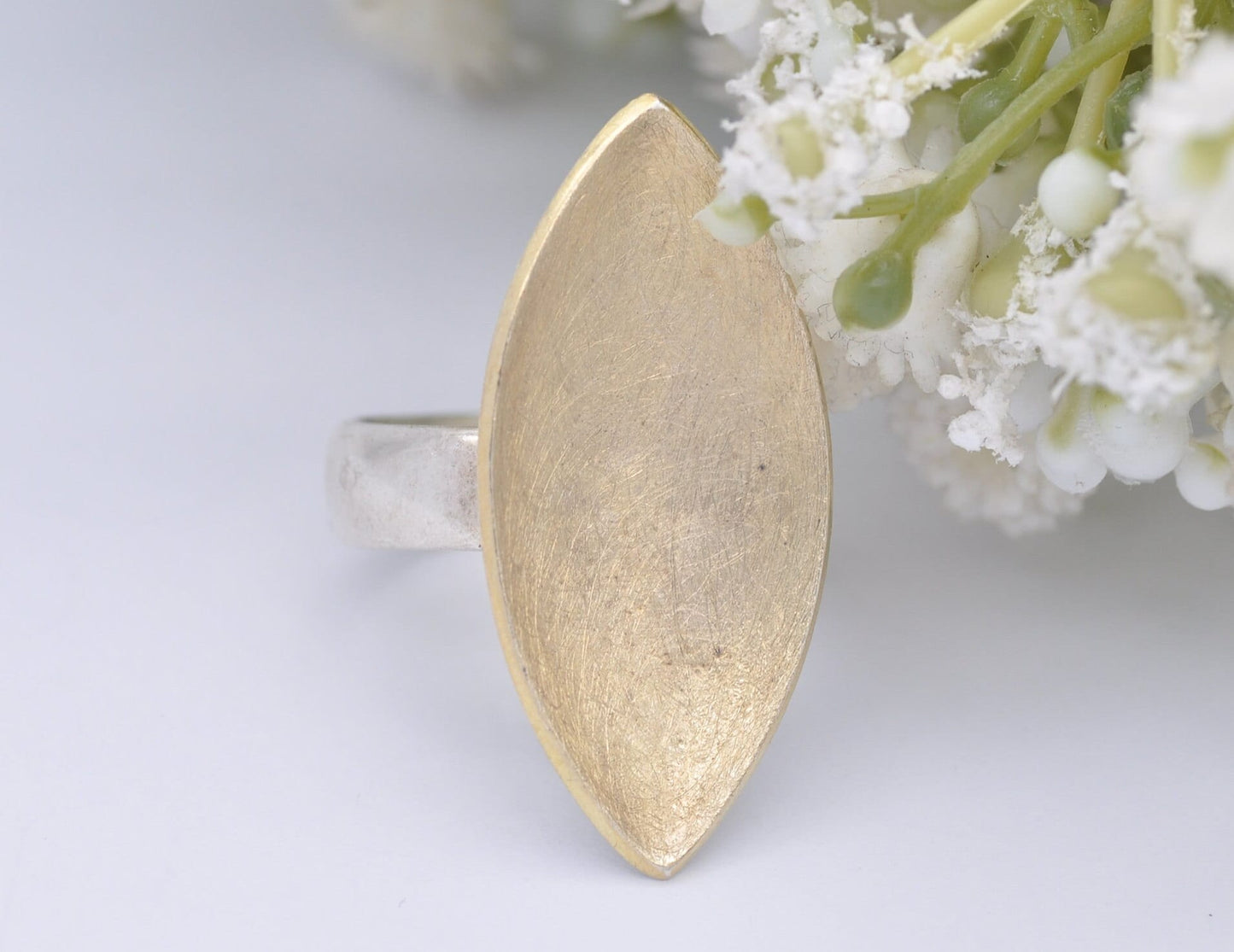 Silver Studio Designer Ring - Gold Plated Leaf | Textured Pointed Oval | Modern | Statement Minimalist | UK Size - M 1/2 | US Size - 6 1/2