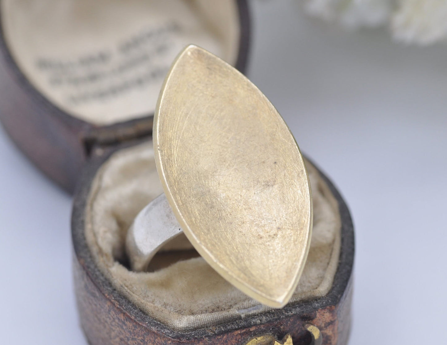 Silver Studio Designer Ring - Gold Plated Leaf | Textured Pointed Oval | Modern | Statement Minimalist | UK Size - M 1/2 | US Size - 6 1/2