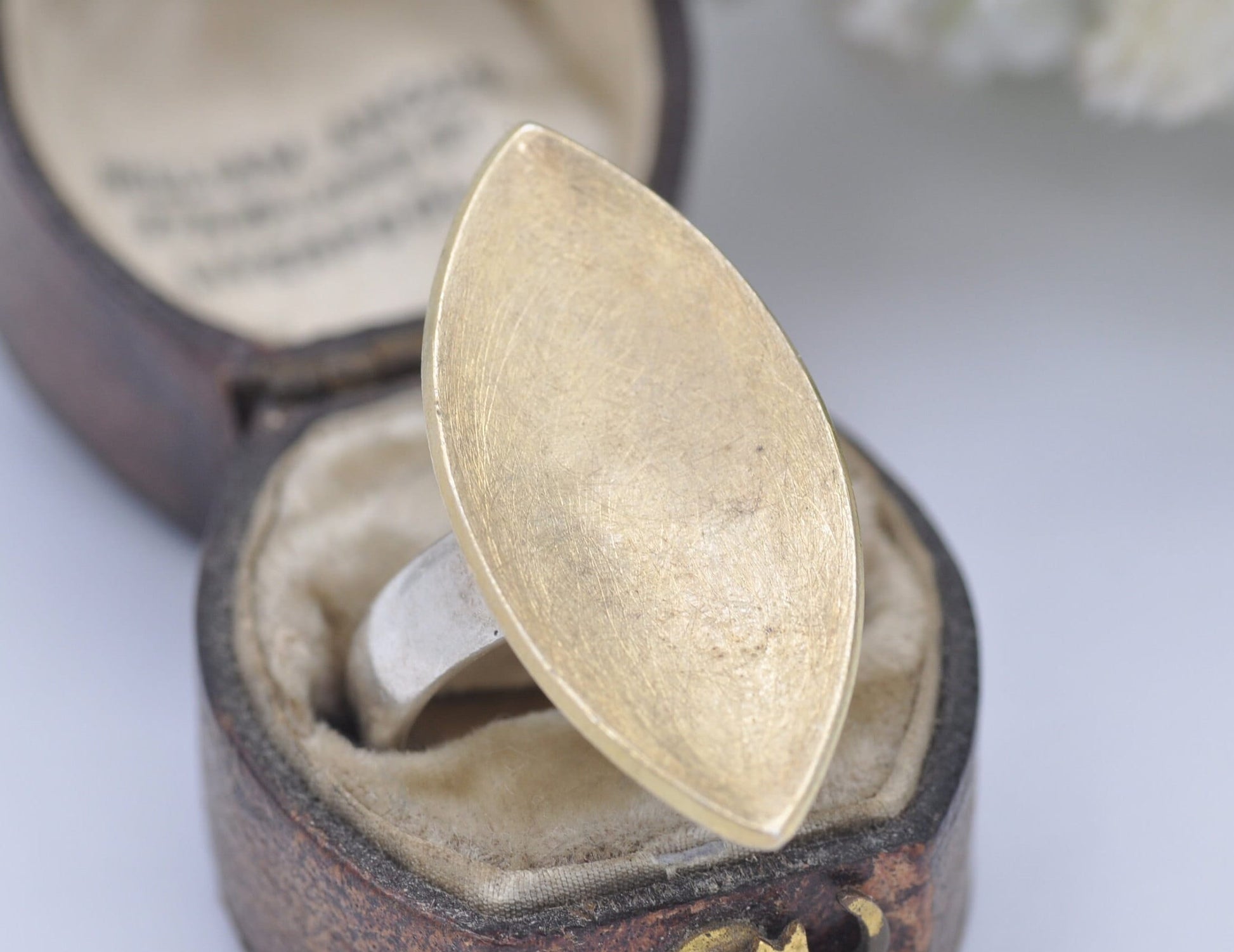 Silver Studio Designer Ring - Gold Plated Leaf | Textured Pointed Oval | Modern | Statement Minimalist | UK Size - M 1/2 | US Size - 6 1/2