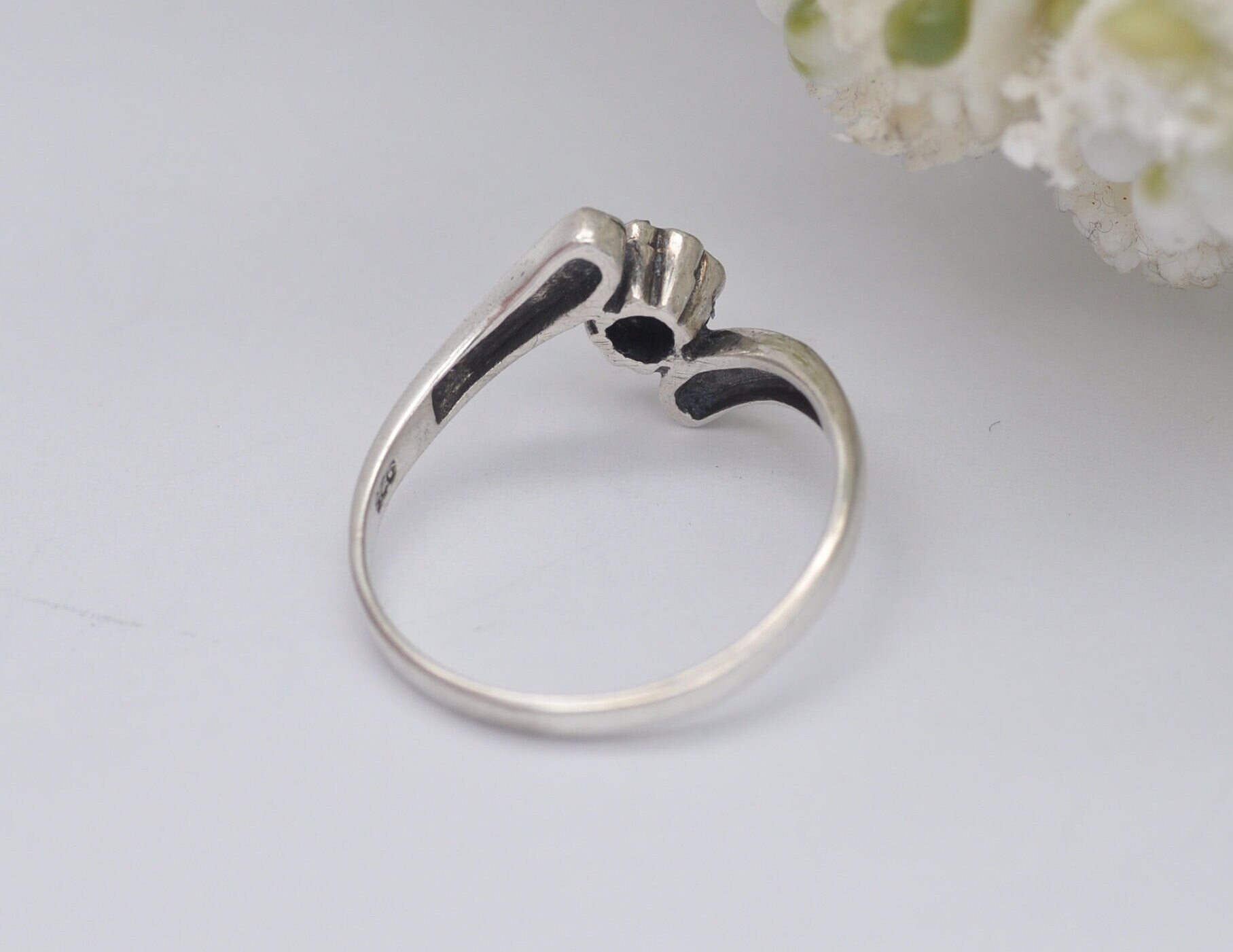 Silver Marcasite Bypass Flower Ring - Vintage Art Deco Style | Statement Cocktail | Cluster Band | 925 Sterling | UK Size P | US Size 7 3/4