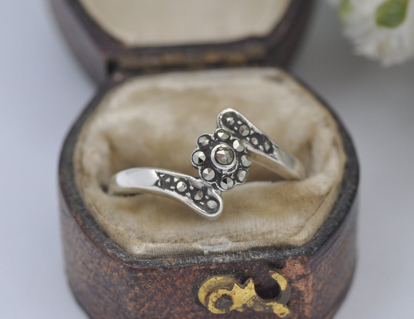 Silver Marcasite Bypass Flower Ring - Vintage Art Deco Style | Statement Cocktail | Cluster Band | 925 Sterling | UK Size P | US Size 7 3/4