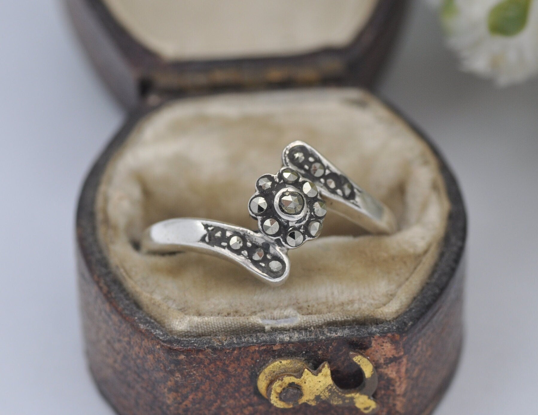 Silver Marcasite Bypass Flower Ring - Vintage Art Deco Style | Statement Cocktail | Cluster Band | 925 Sterling | UK Size P | US Size 7 3/4
