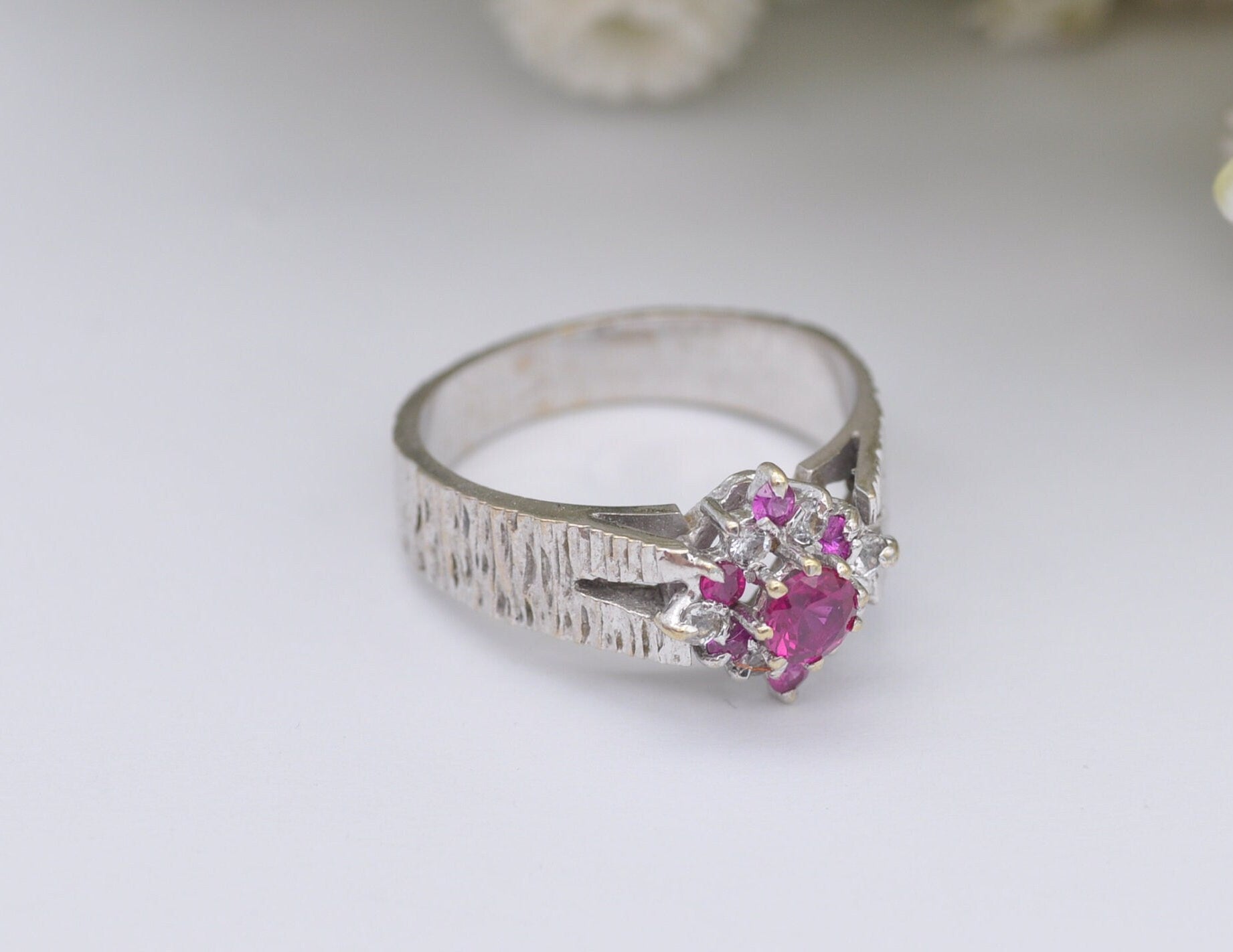 Vintage 18ct White Gold Ruby Ring - 18K / Diamond Shape Cluster / Chunky Textured / 1960s / Synthetic Rubies / UK Size - N / US Size - 6 1/2