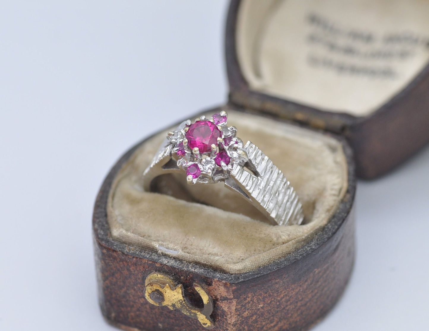 Vintage 18ct White Gold Ruby Ring - 18K / Diamond Shape Cluster / Chunky Textured / 1960s / Synthetic Rubies / UK Size - N / US Size - 6 1/2