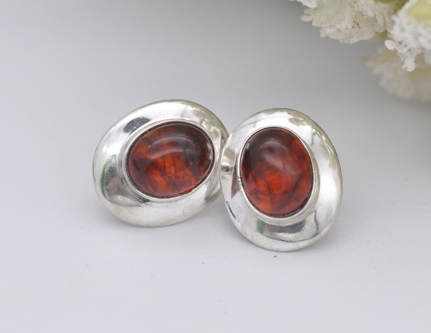 Vintage Sterling Silver Amber Earrings - Mid-Century Modern / Chunky / Dangle / Stud / Orange Stone / Mexican Style / Statement Jewellery