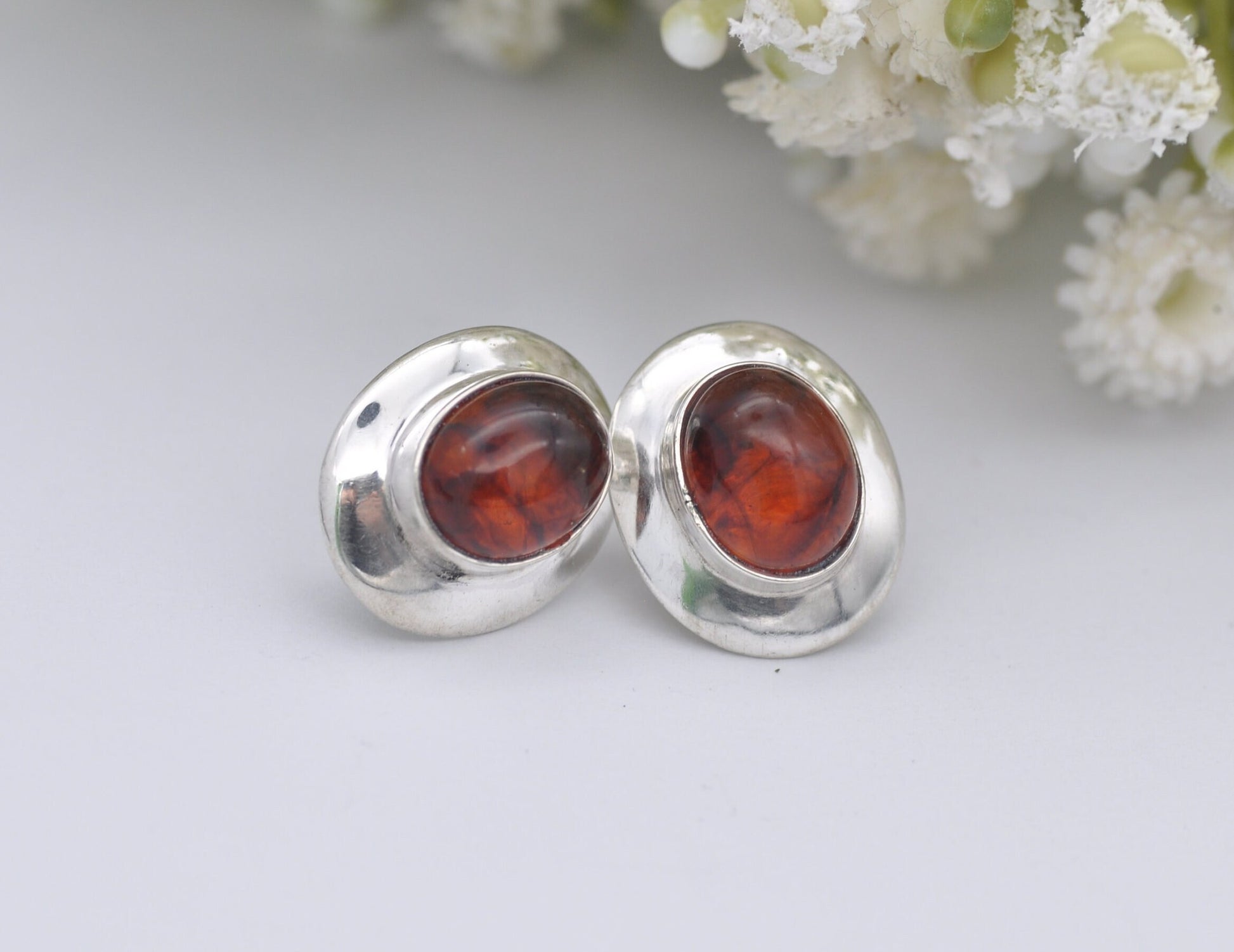 Vintage Sterling Silver Amber Earrings - Mid-Century Modern / Chunky / Dangle / Stud / Orange Stone / Mexican Style / Statement Jewellery