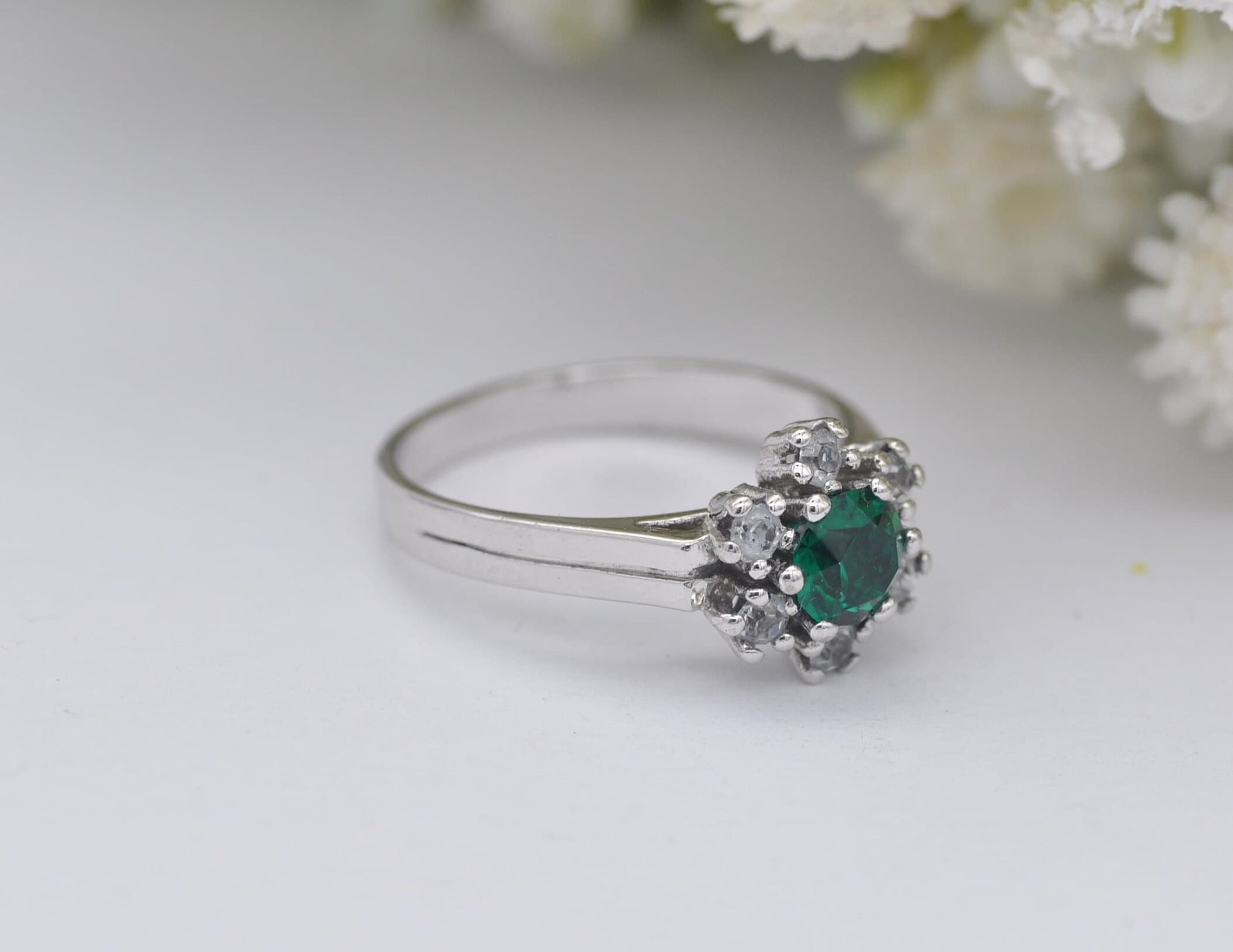 Spanish Silver Cluster Flower Ring - Vintage Statement Cocktail Ring / Green Stone Clear Stone / Mid-Century / UK Size - M / US Size - 6 1/4