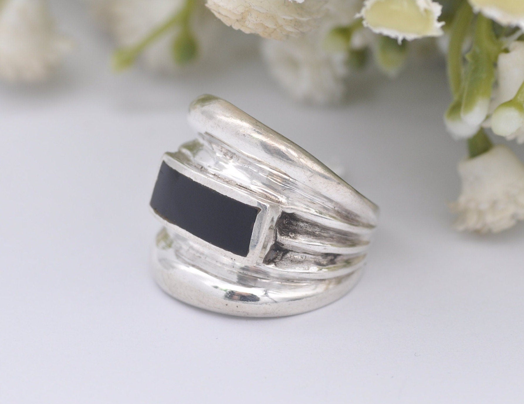 Silver and Onyx Statement Ring - Vintage 925 Sterling Silver / Chunky Cocktail / Rectangle / Unisex Signet / UK Size - L 1/2 / US Size - 6