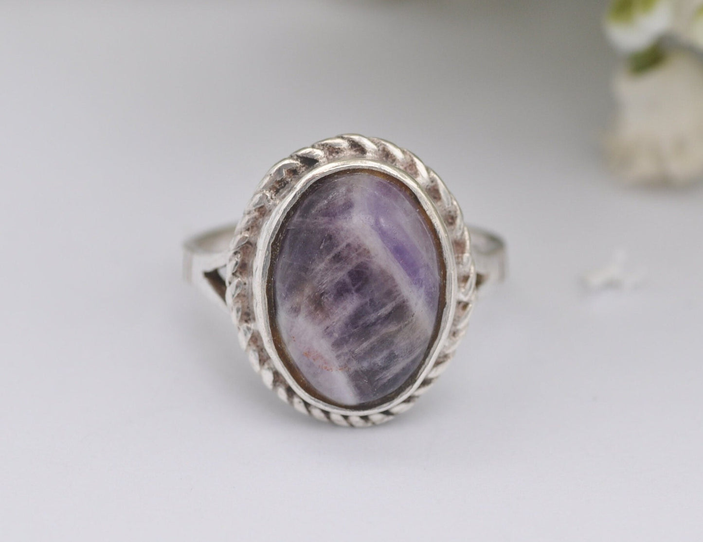 Silver Blue John Ring Vintage 1974 by Ammonite - Mid-Century Modernist Ring / 925 Sterling / Oval Cabochon / UK Size - M 1/2 US Size - 6 1/2