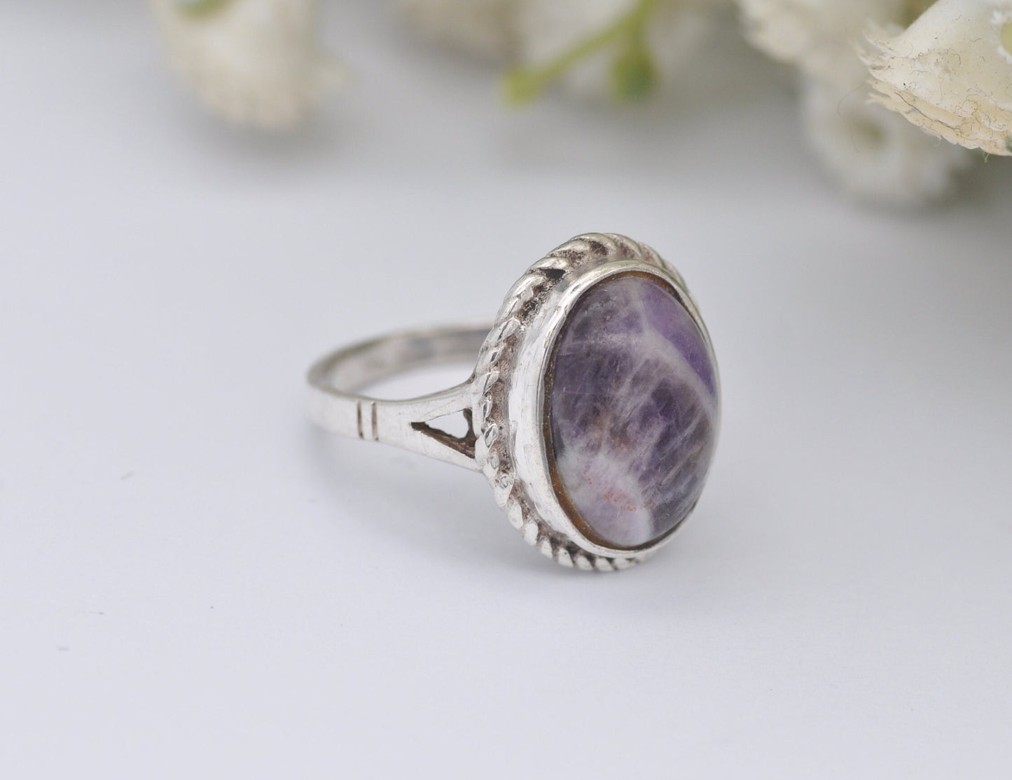 Silver Blue John Ring Vintage 1974 by Ammonite - Mid-Century Modernist Ring / 925 Sterling / Oval Cabochon / UK Size - M 1/2 US Size - 6 1/2