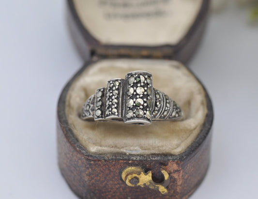 Antique Silver Marcasite Ring - Art Deco Tank Ring 1920s | Raised Wave Design | 925 Sterling | Cocktail Ring | UK Size M 1/2 US Size 6 1/2