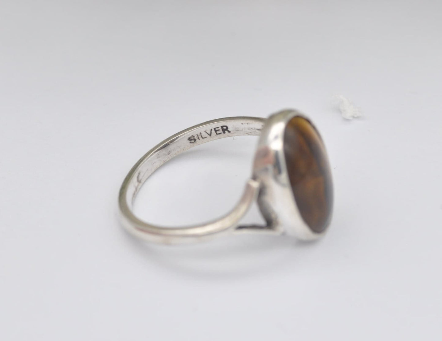 Vintage Sterling Silver Tiger's Eye Ring - Mid-Century Modern / 1960s / Retro Brown Stone / Large Cabochon / UK Size - O / US Size - 7