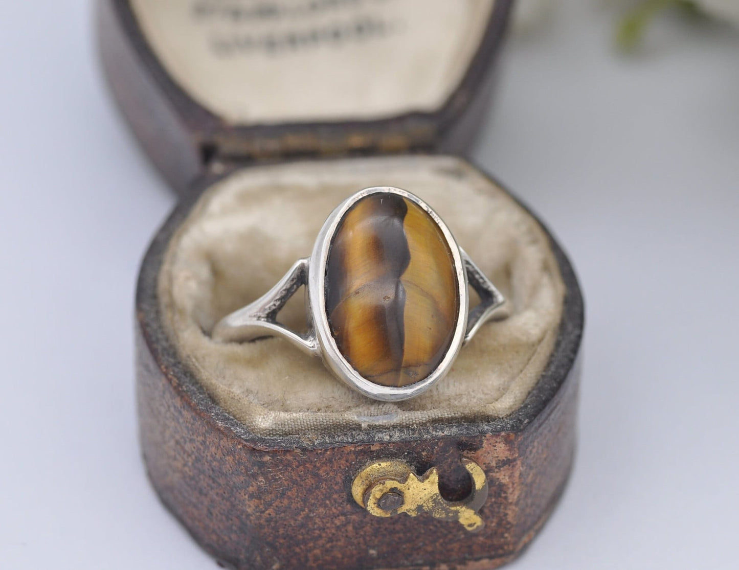 Vintage Sterling Silver Tiger's Eye Ring - Mid-Century Modern / 1960s / Retro Brown Stone / Large Cabochon / UK Size - O / US Size - 7