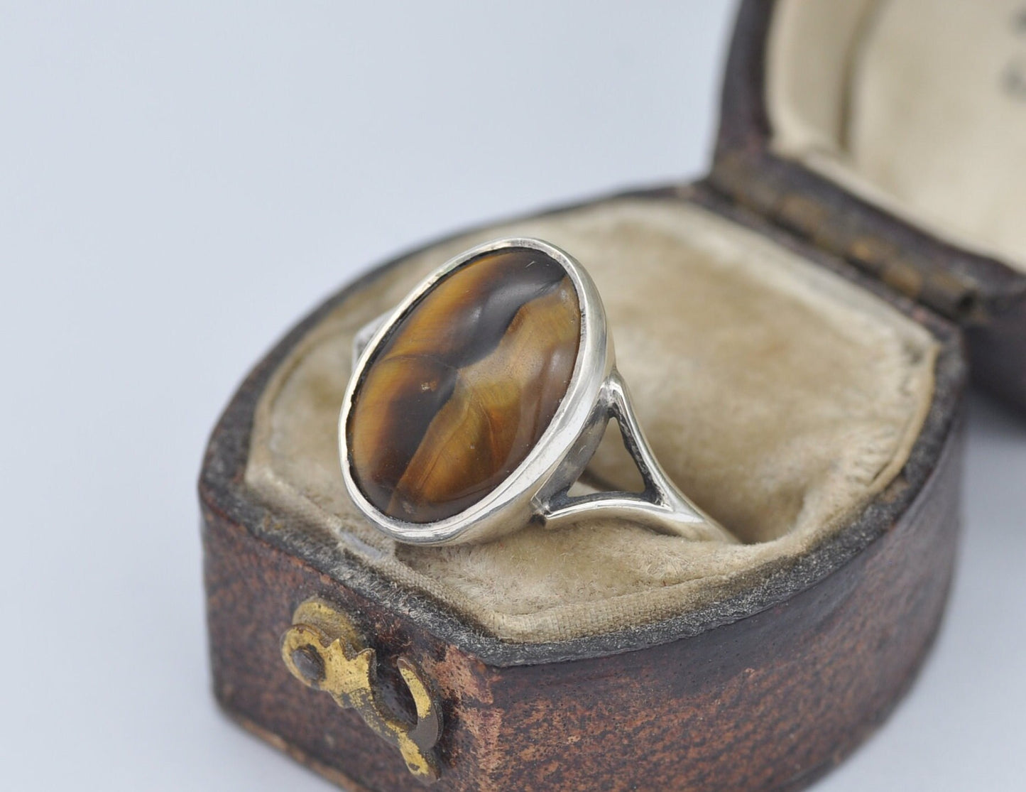 Vintage Sterling Silver Tiger's Eye Ring - Mid-Century Modern / 1960s / Retro Brown Stone / Large Cabochon / UK Size - O / US Size - 7