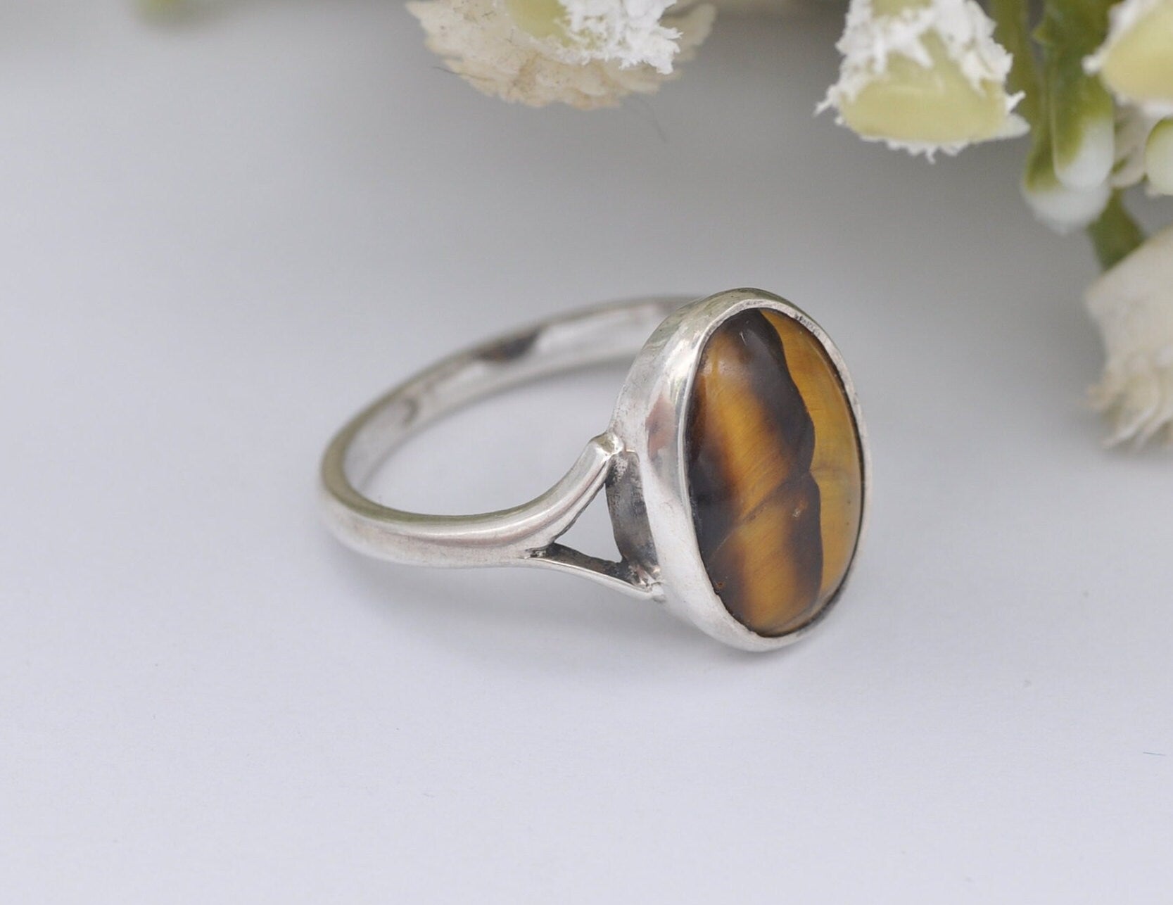 Vintage Sterling Silver Tiger's Eye Ring - Mid-Century Modern / 1960s / Retro Brown Stone / Large Cabochon / UK Size - O / US Size - 7