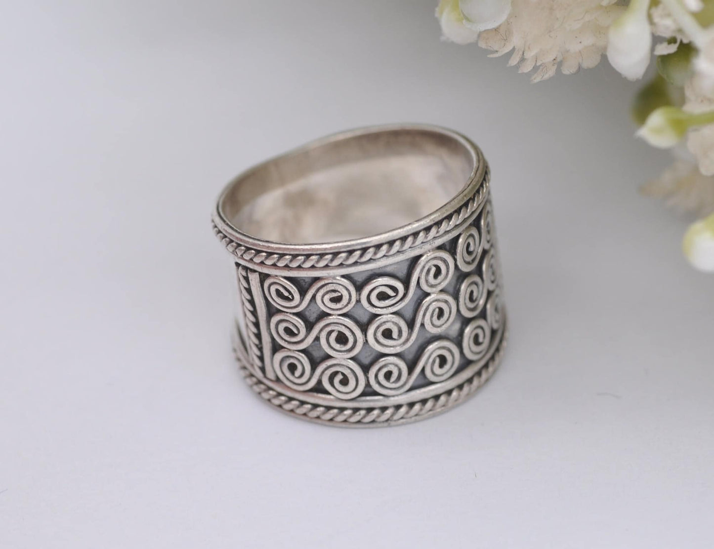 Silver Filigree Band Ring - India Ring | 925 Sterling Silver | Swirl Design | Chunky Twist Wave | Small Size | UK Size - M | US Size - 6 1/4