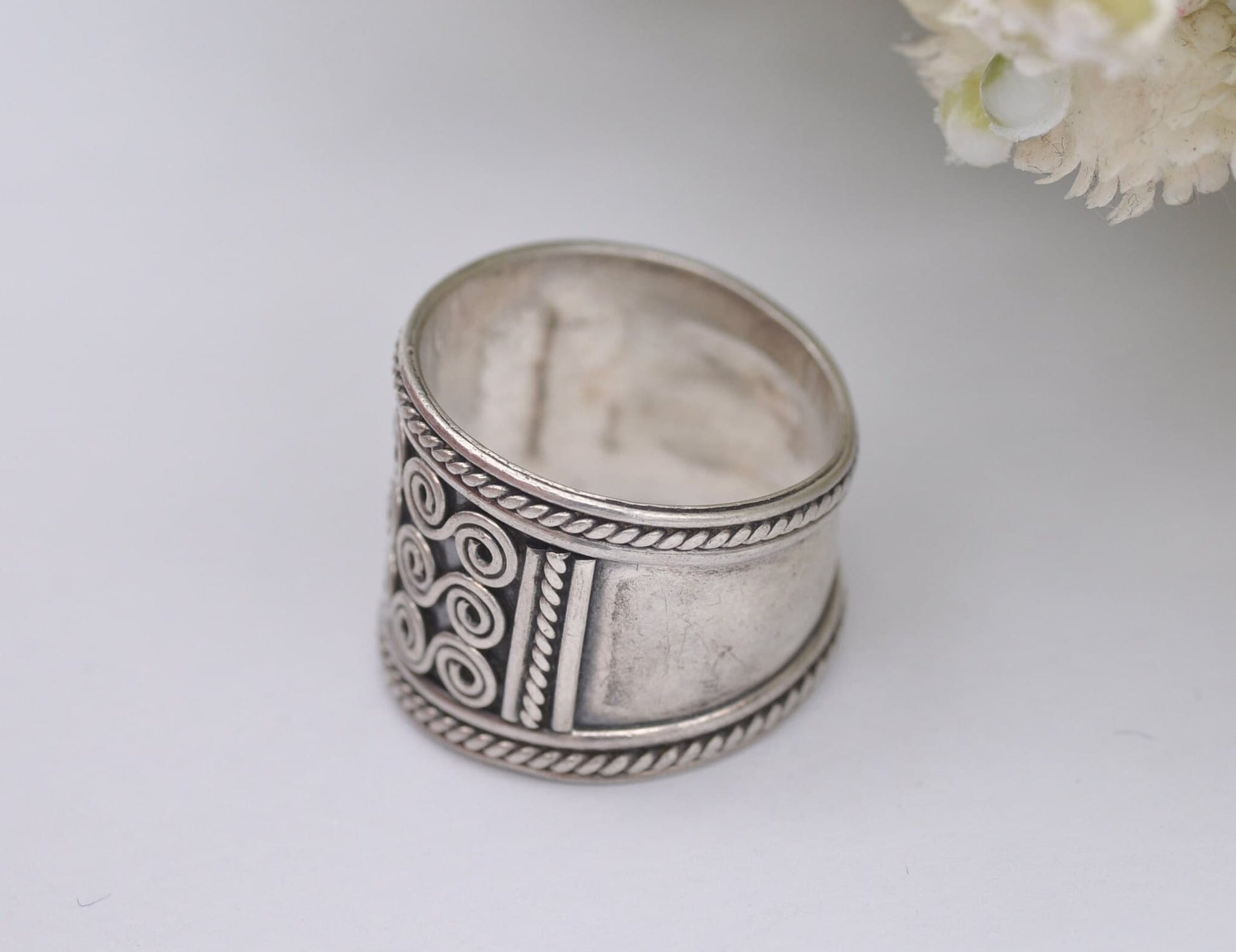 Silver Filigree Band Ring - India Ring | 925 Sterling Silver | Swirl Design | Chunky Twist Wave | Small Size | UK Size - M | US Size - 6 1/4