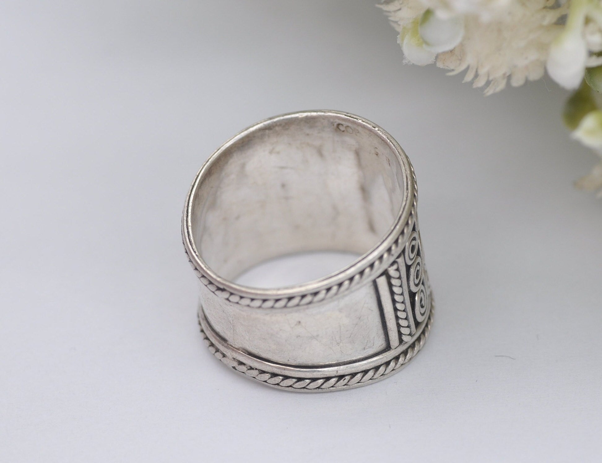 Silver Filigree Band Ring - India Ring | 925 Sterling Silver | Swirl Design | Chunky Twist Wave | Small Size | UK Size - M | US Size - 6 1/4