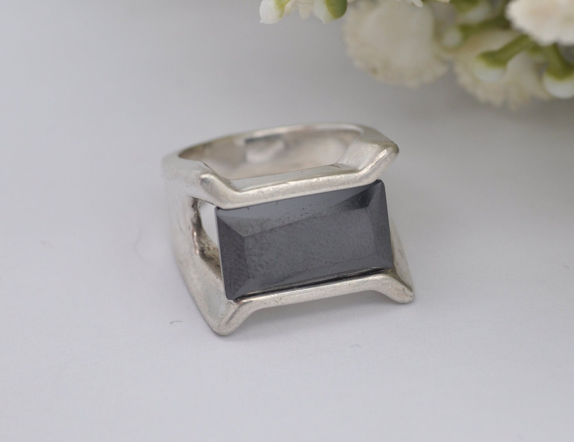 Silver Hematite Ring Vintage 1970s Mid-Century - European 935 Silver | Rectangular Gemstone | Large Chunky | UK Size - N | US Size - 6 3/4