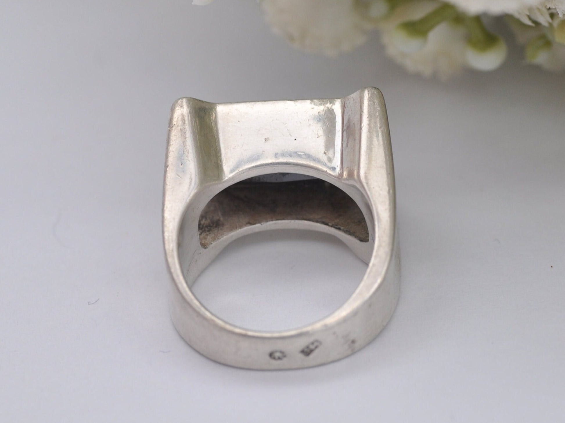 Silver Hematite Ring Vintage 1970s Mid-Century - European 935 Silver | Rectangular Gemstone | Large Chunky | UK Size - N | US Size - 6 3/4